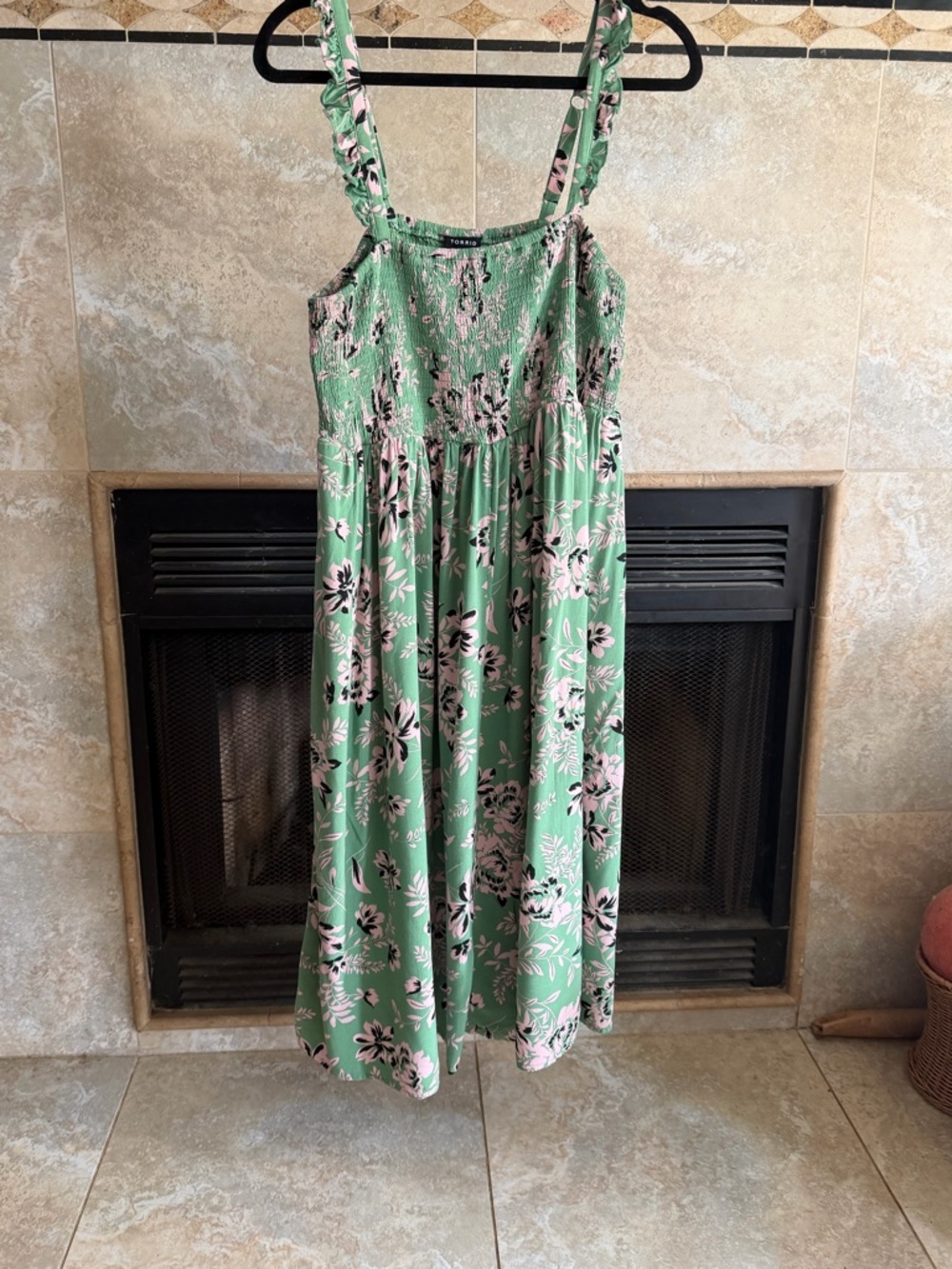 torrid Green Floral Midi Dress with Smocked Bodice and Ruffle Straps - Picture 2 of 10